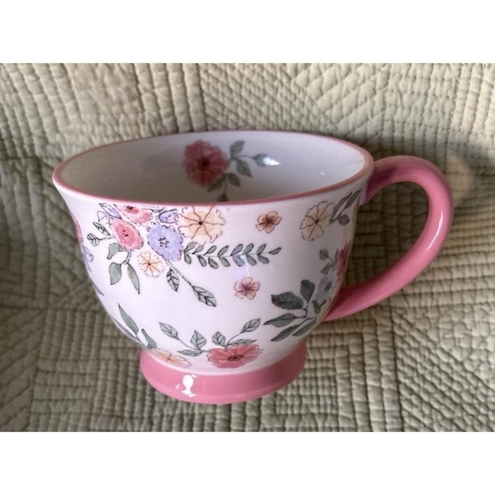 Potters Studio Coffee Mug Tea Cup Hand-Painted Floral Footed Base 3.5" Pink